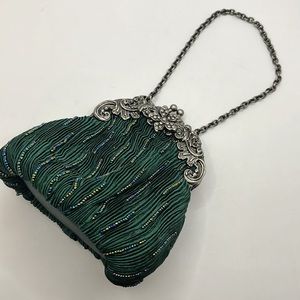 Vintage Victorian 1920’s Flapper Style Peacock Green Clutch Brocade Bead Purse